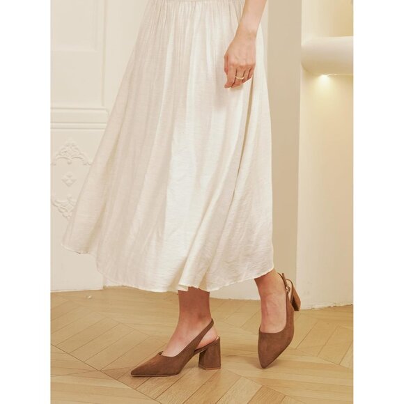 Women's Brown 1 Pointed Closed Toe Slingback Chunky Heels Office Work Pump Shoes - Picture 7 of 9